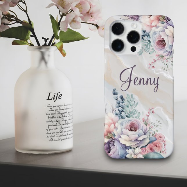 Custom Name Marble Floral Personalized Watercolor iPhone Case (Creator Uploaded)