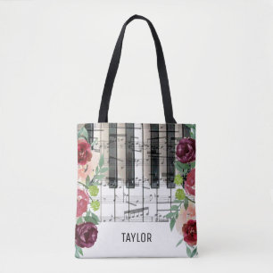 custom name marsala flowers music notes tote bag