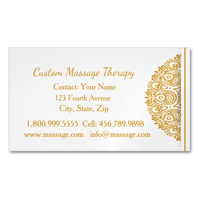Custom Name Massage Therapy Gold Mandala  Magnetic Business Card (Front)