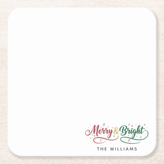 Custom Name Merry & Bright Script Minimalist Paper Square Paper Coaster (Front)