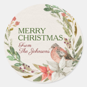 Custom Name Merry Christmas Watercolor Bird Wreath Classic Round Sticker
