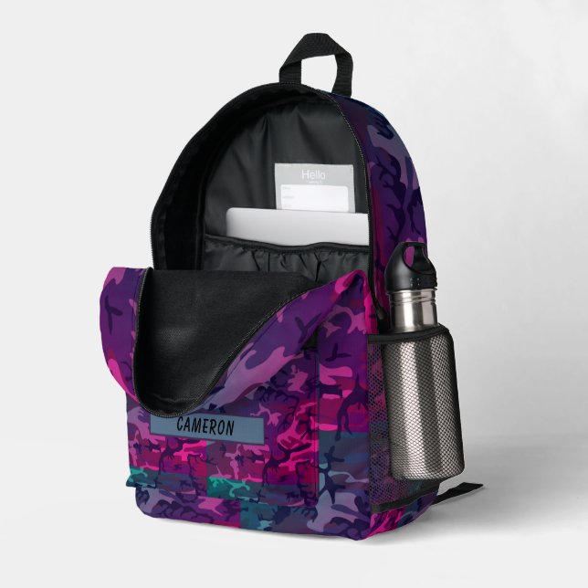 Custom Name Military Purple Grey Camouflage Printed Backpack (Back Corner Right (Open))