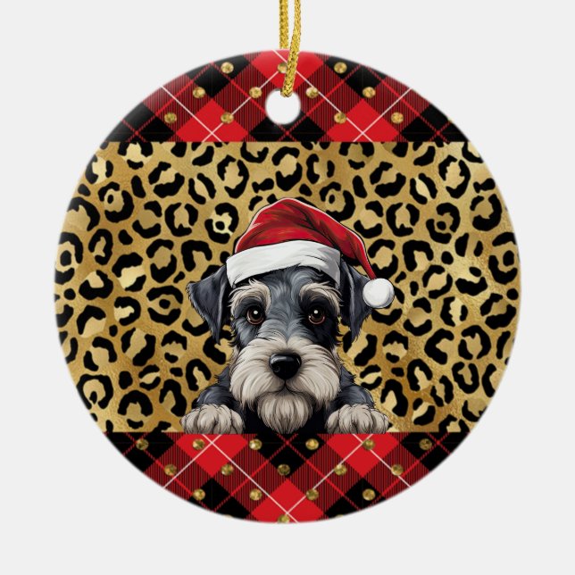 Custom Name Miniature Schnauzer dog Santa hat Buff Ceramic Tree Decoration (Front)