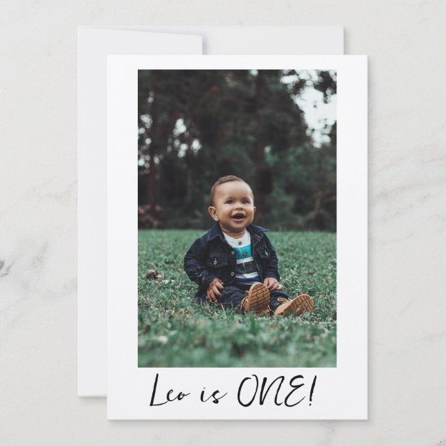 Custom Name Minimal Leo 1st Birthday First Photo  Invitation (Front)