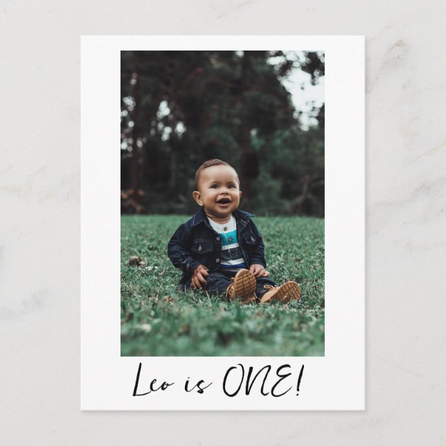 Custom Name Minimal Leo 1st Birthday First Photo Postcard (Front)
