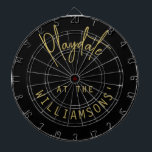 Custom Name Minimalist Black Gold Playdate Script Dartboard<br><div class="desc">Personalised dartboard with a family name for example. Simple minimalist minimal design with the customisable phrase quote saying Playdate at the family name. Premium neutral black and gold look with a combination of trendy handwriting script calligraphy and a modern clean sans serif font typography. Playing darts game at family and...</div>