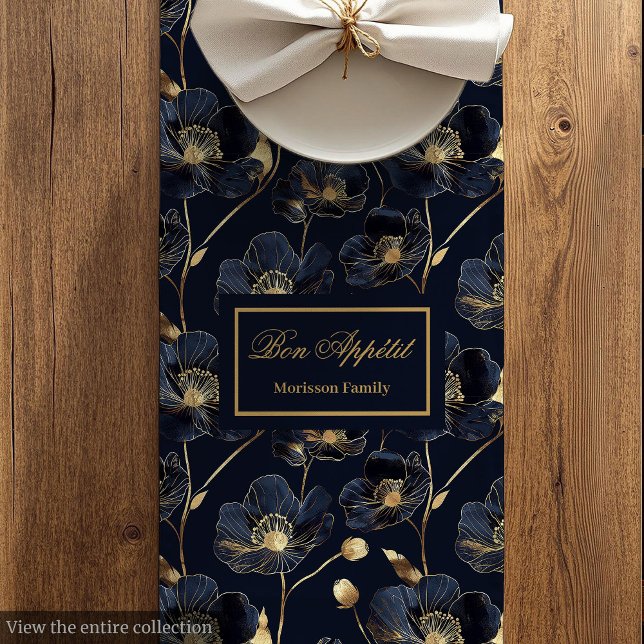 Custom Name Minimalist Floral Dining Runner (Navy Gold Table Runner Elegant Custom Name Monogram)