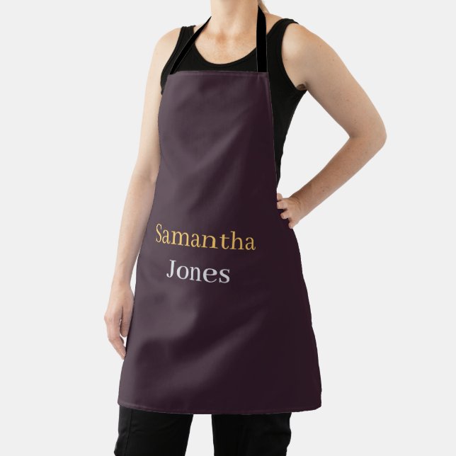 Custom name minimalist modern burgundy apron (Insitu)