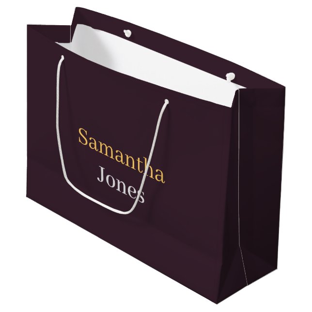 Custom name minimalist modern burgundy large gift bag (Front Angled)