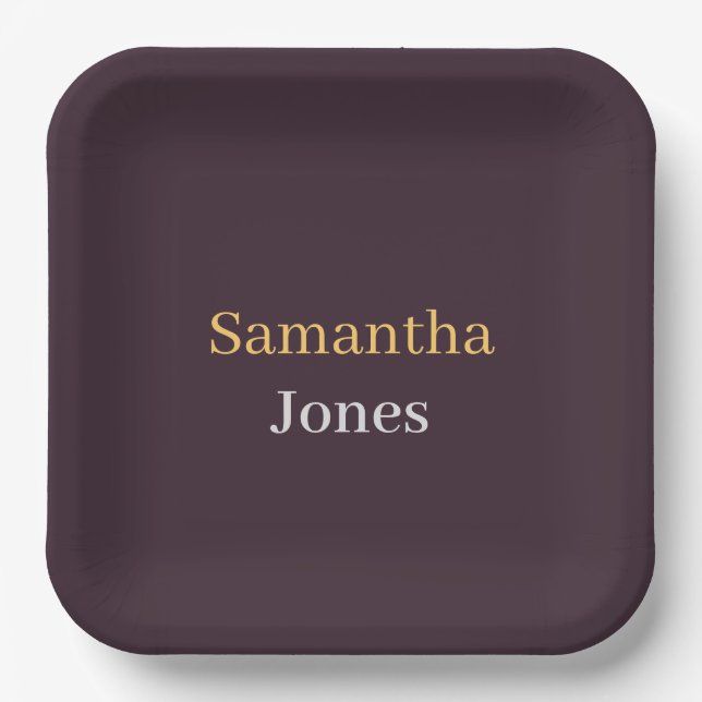 Custom name minimalist modern burgundy paper plate (Front)