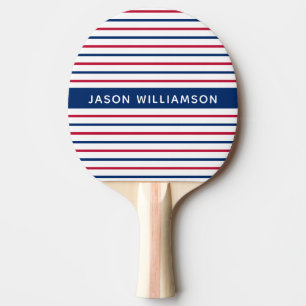 Custom Name Minimalist Red and Blue Stripes Modern Ping Pong Paddle