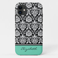 Custom Name Mint Black White Damask