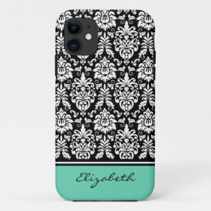 Custom Name Mint Black White Damask Case-Mate iPhone Case
