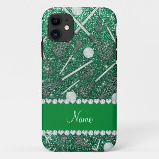 Custom name mint green glitter lacrosse sticks iPhone 11 case