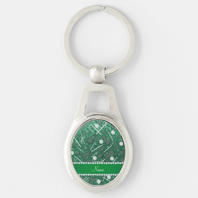 Custom name mint green glitter lacrosse sticks key ring (Front)