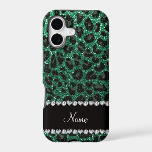 Custom name mint green glitter leopard print