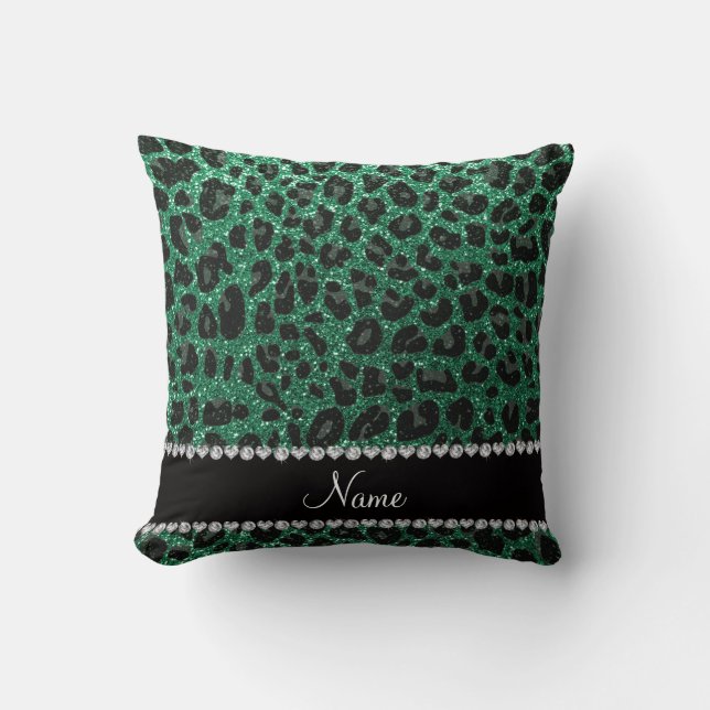 Custom name mint green glitter leopard print cushion (Front)
