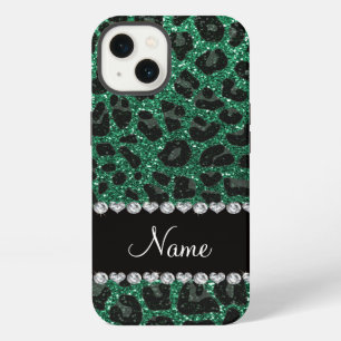 Custom name mint green glitter leopard print iPhone 13 case