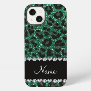 Custom name mint green glitter leopard print iPhone 13 case