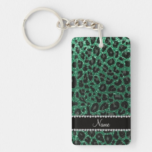 Custom name mint green glitter leopard print key ring (Front)