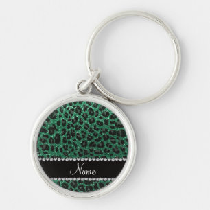 Custom name mint green glitter leopard print key ring
