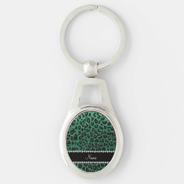Custom name mint green glitter leopard print key ring (Front)