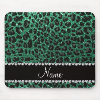 Custom name mint green glitter leopard print mouse pad
