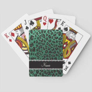 Custom name mint green glitter leopard print playing cards
