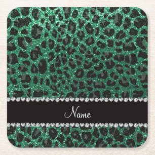Custom name mint green glitter leopard print square paper coaster