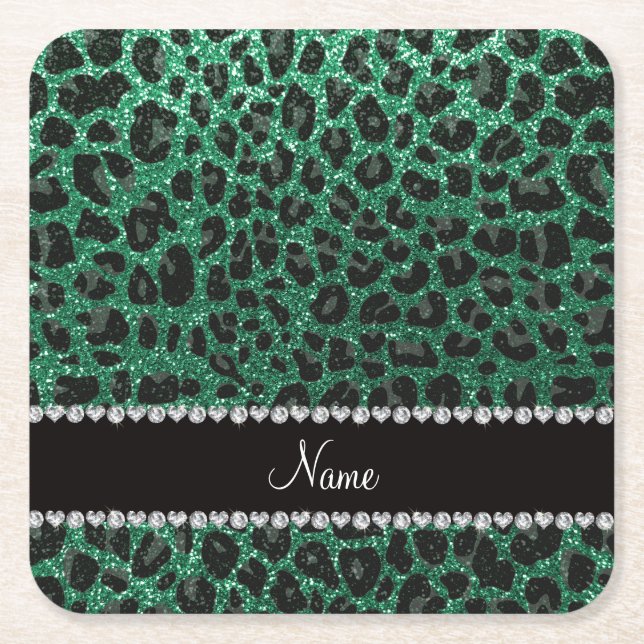 Custom name mint green glitter leopard print square paper coaster (Front)
