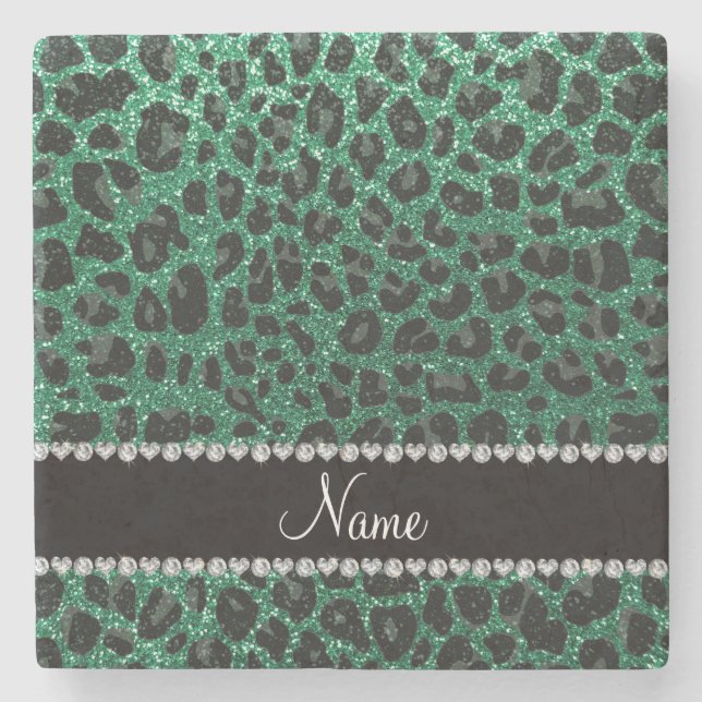 Custom name mint green glitter leopard print stone coaster (Front)