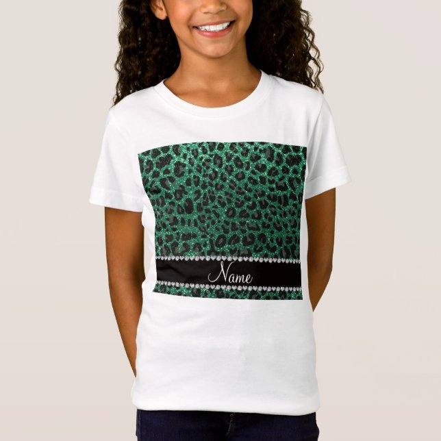 Custom name mint green glitter leopard print T-Shirt (Front)