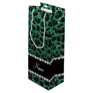 Custom name mint green glitter leopard print wine gift bag
