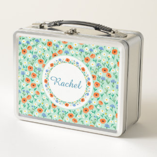 Custom Name Mint Green Wildflower Meadow Frame Metal Lunch Box