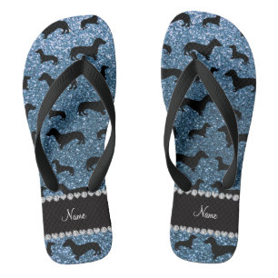 Custom name misty blue glitter dachshunds jandals
