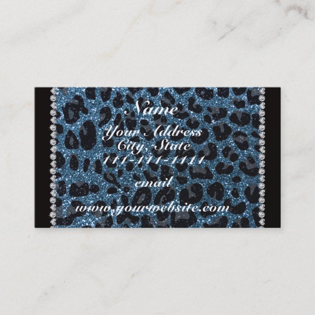 Custom name misty blue glitter leopard print business card (Front)