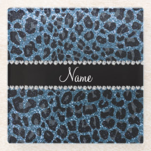 Custom name misty blue glitter leopard print glass coaster
