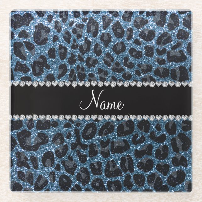 Custom name misty blue glitter leopard print glass coaster (Front)