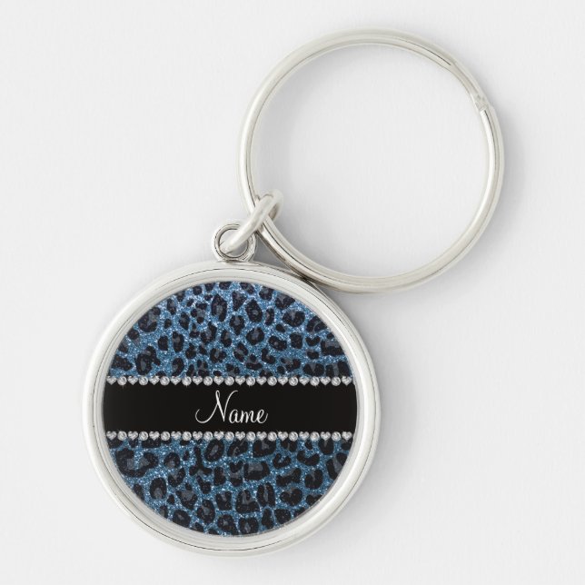 Custom name misty blue glitter leopard print key ring (Front)
