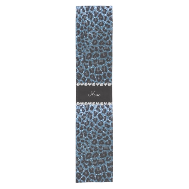 Custom name misty blue glitter leopard print short table runner (Front)