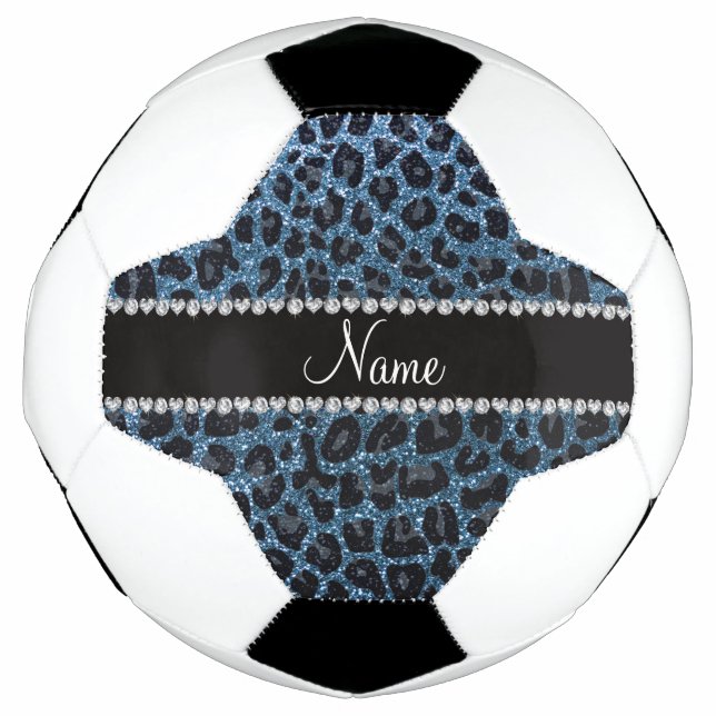 Custom name misty blue glitter leopard print soccer ball (Front)