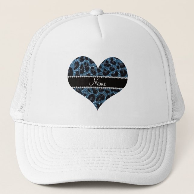Custom name misty blue glitter leopard print trucker hat (Front)
