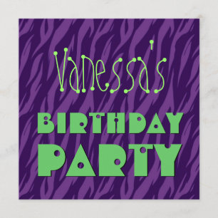 Custom Name Modern Birthday Purple Green Zebra Invitation