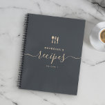Custom Name Modern Elegant Script Recipe Notebook<br><div class="desc">Add your name and volume number and make this elegant minimalist recipe book a personal inspiration for all your cooking. Chic hand lettered script and the pretty vintage earth tones and rich charcoal grey typography with cookware design make this cookbook a beautiful and unique addition to your family kitchen.</div>
