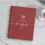 Custom Name Modern Elegant Script Recipe Notebook<br><div class="desc">Add your name and volume number and make this elegant minimalist recipe book a personal inspiration for all your cooking. Chic hand lettered script and the pretty vintage rust red earth tone typography with cookware design make this cookbook a beautiful and unique addition to your family kitchen.</div>