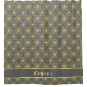 Custom Name Modern Geometric Pastel Gray & Yellow Shower Curtain