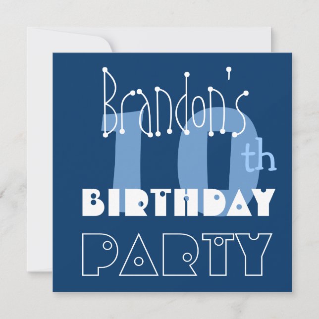 Custom Name Modern Kid's 10th Birthday Blue Invitation (Front)