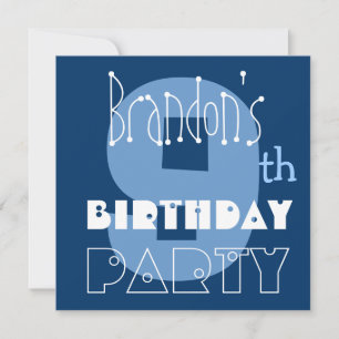 Custom Name Modern Kid's 9th Birthday Blue Invitation