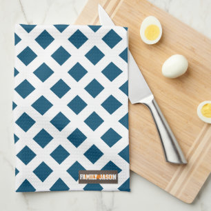 Custom name modern navy blue white stylish pattern tea towel
