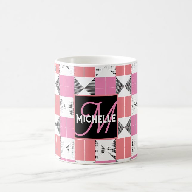 Custom Name Modern Pink & Black Geometric Chic Coffee Mug (Center)